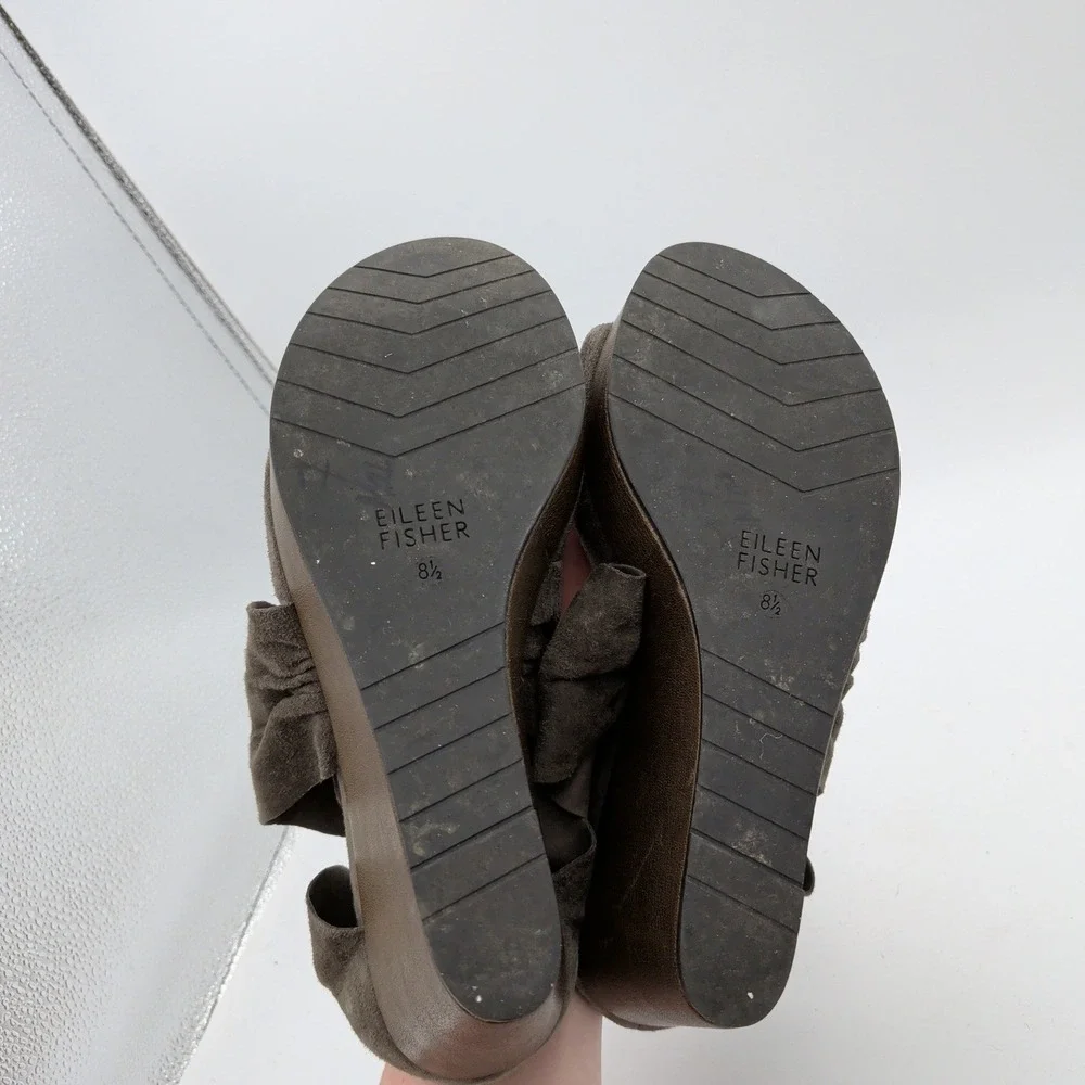 Eileen Fisher Womens Taupe Suede Ruffle Wedge Sandals Open Toe Back Zip Size 8.5